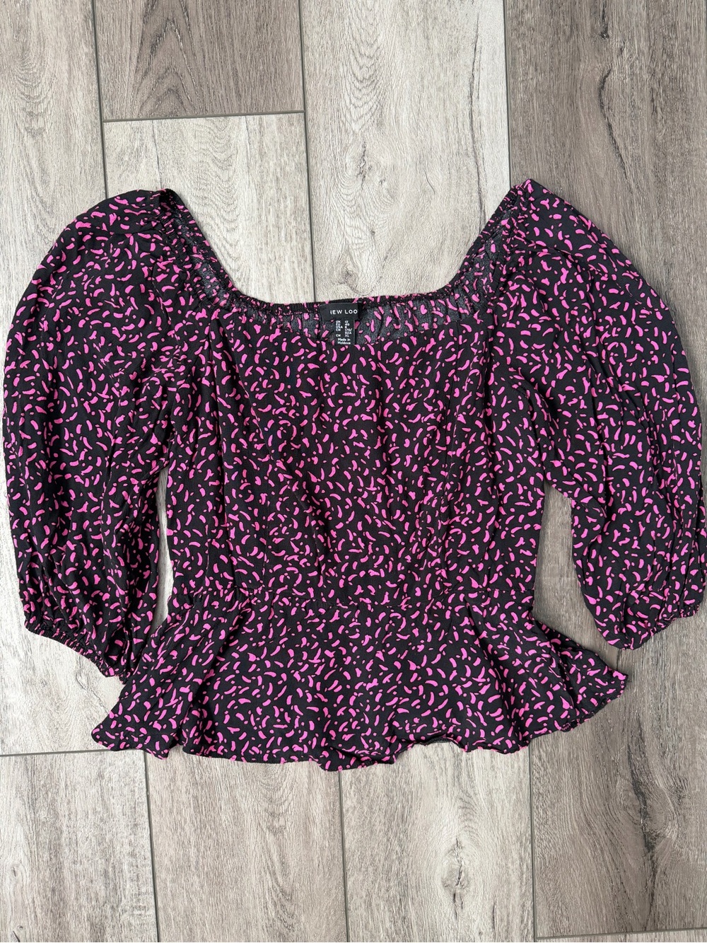 New Look Black Top with Pink Confetti Print and Puff Sleeves